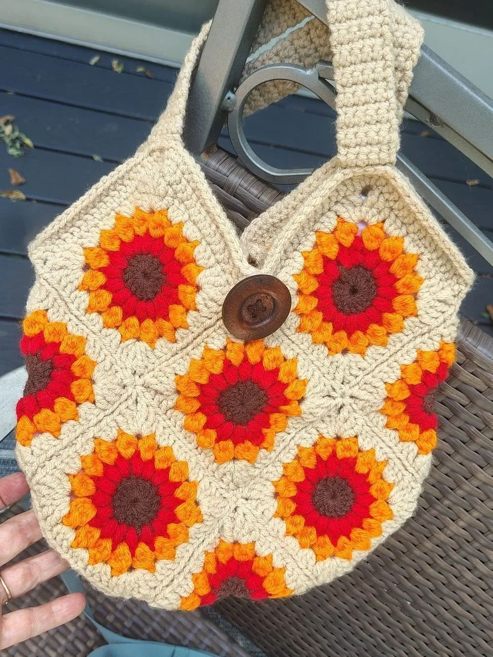 New Handmade Crochet SunflowerTote Bag in Cream, Red & Orange Lined